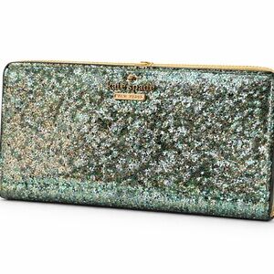 Kate Spade New York Glitter Wallet Long Zip Clutch – Sparkle Metallic Green Gold